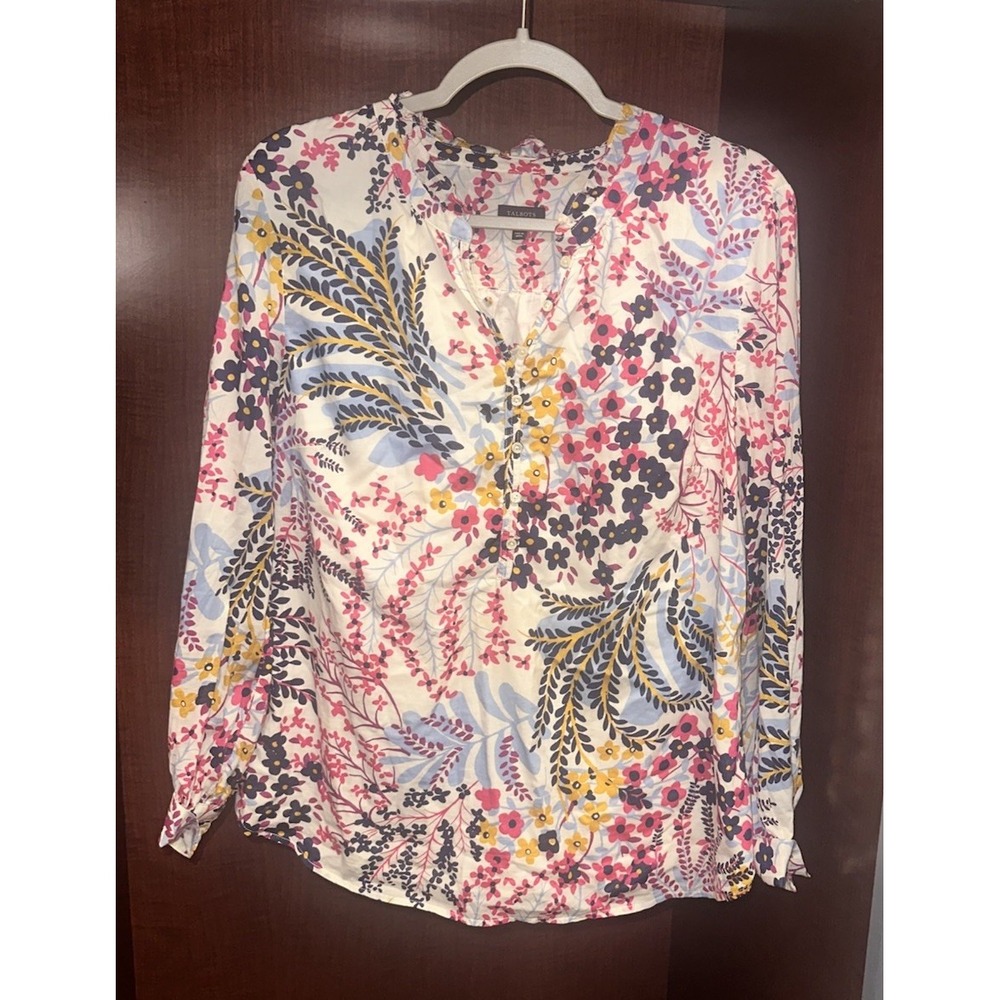 Talbots Top Women Large White Pink Floral Long Sleeve V Neck‎ Casual Career